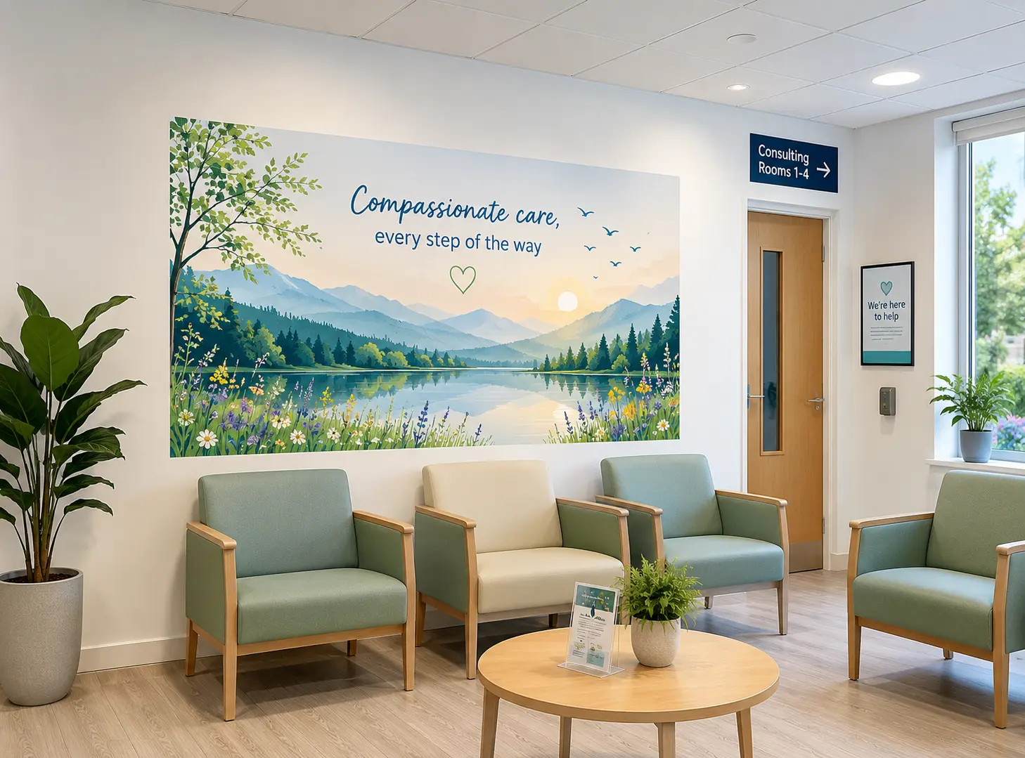 Hospital waiting room wall printed with a restful lake and mountain nature mural