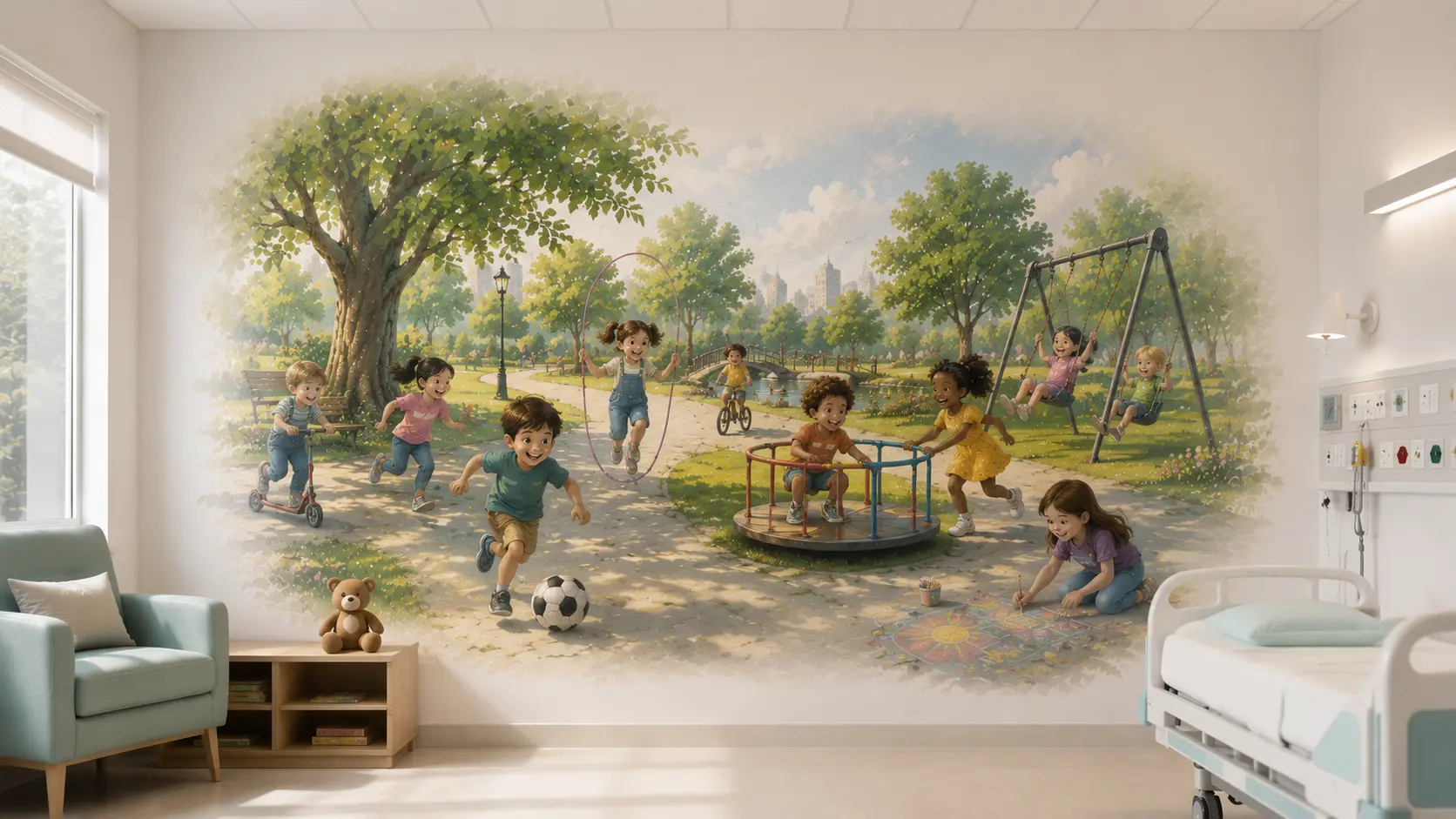 Children's hospital ward wall printed with a playful park scene mural