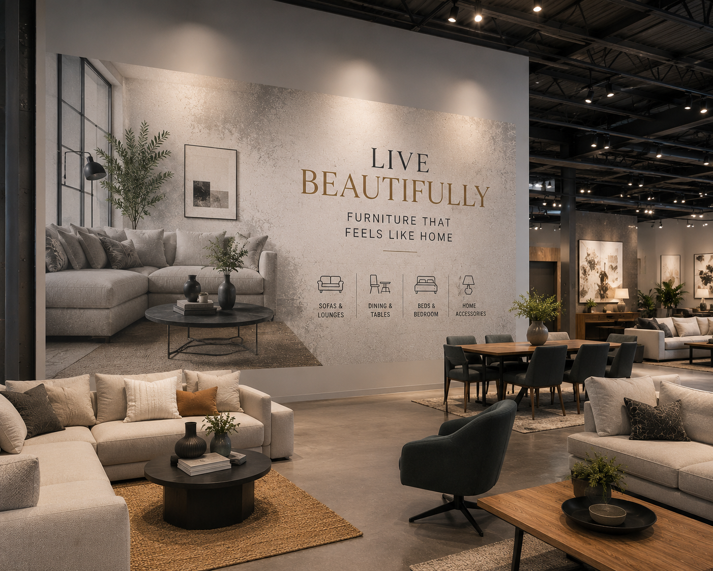 Furniture showroom wall printed with a large retail brand mural and sector icons