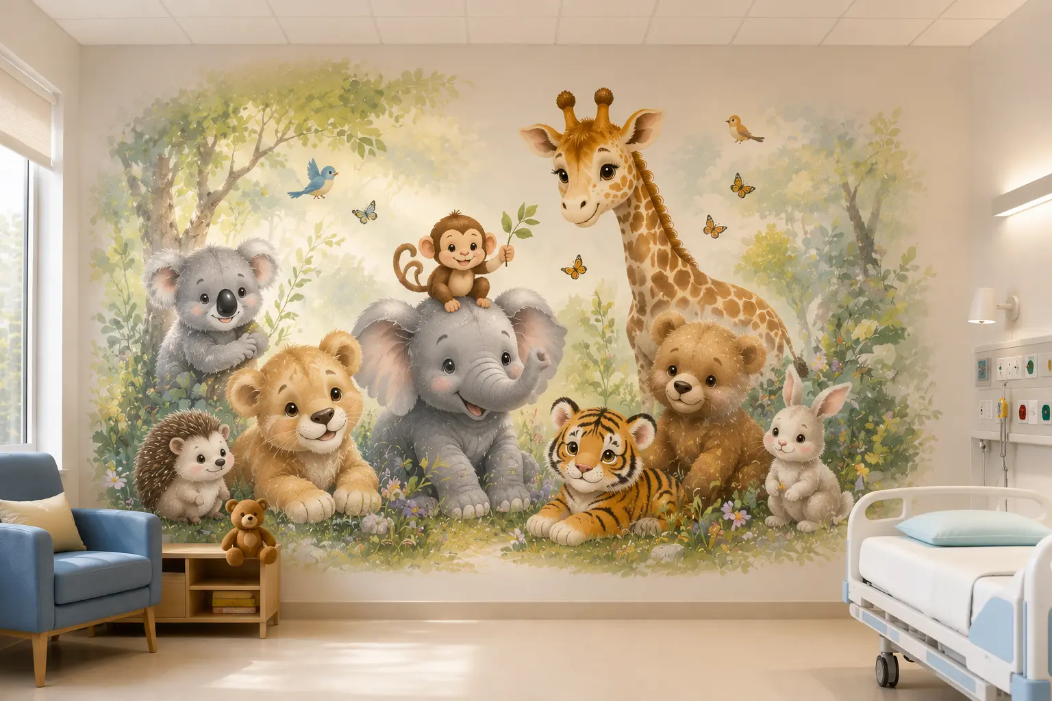 Children's hospital ward wall printed with a colourful jungle animal mural
