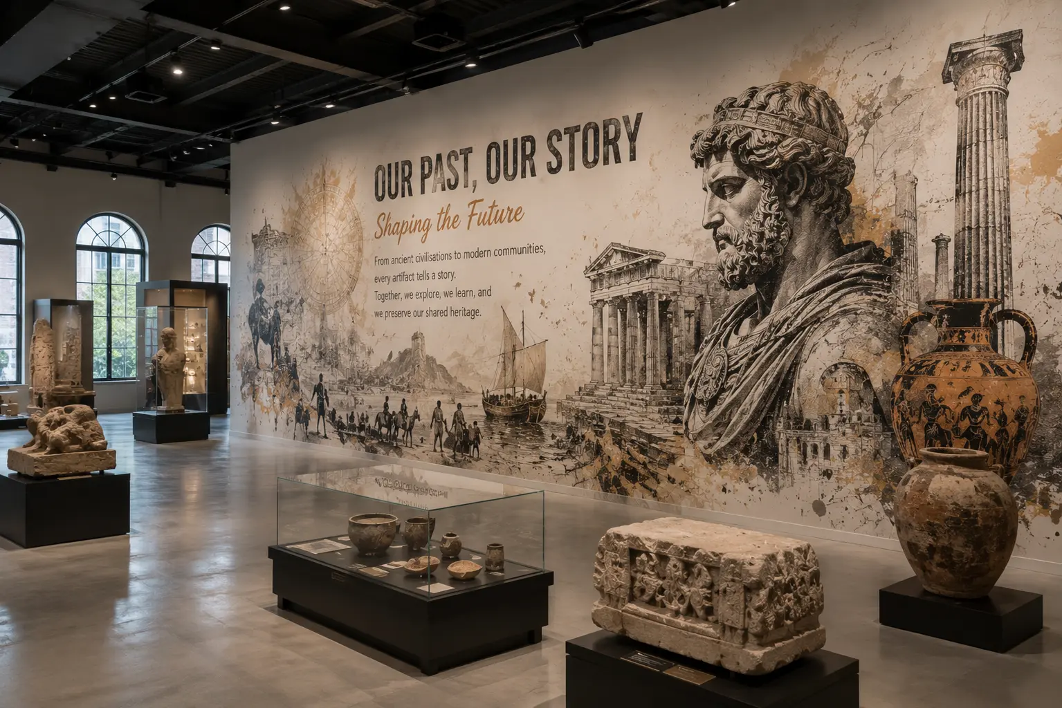 Museum gallery wall printed with a large-scale ancient history mural of Greek architecture