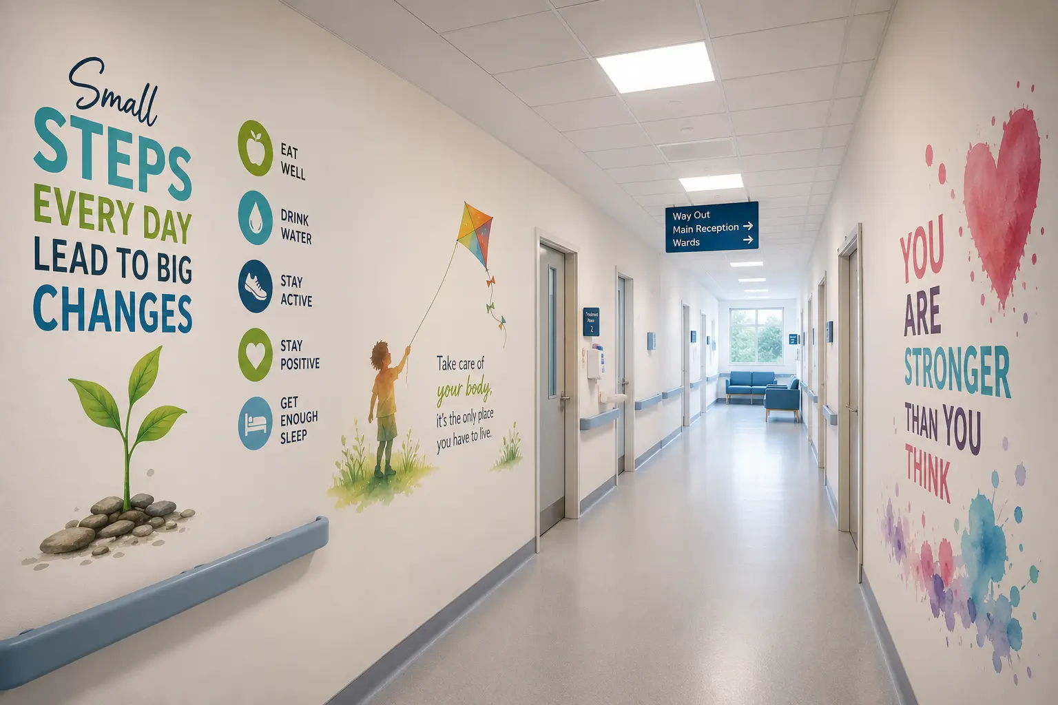Hospital corridor wall printed with wayfinding graphics and health information panels
