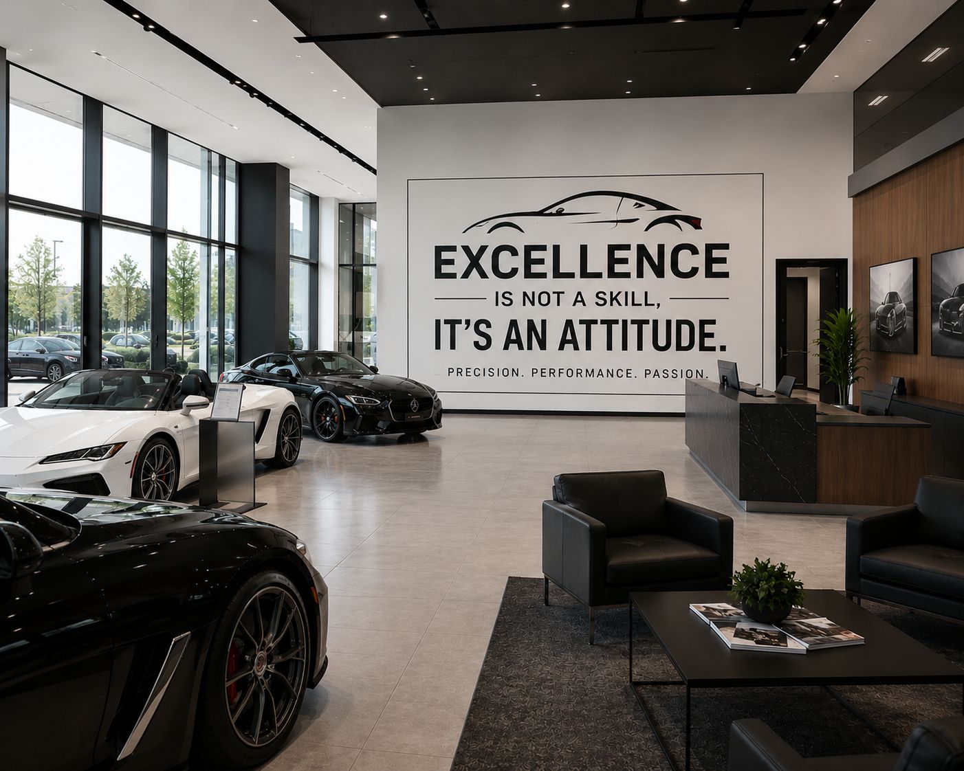 Car dealership showroom wall printed with a large typographic corporate motivational mural