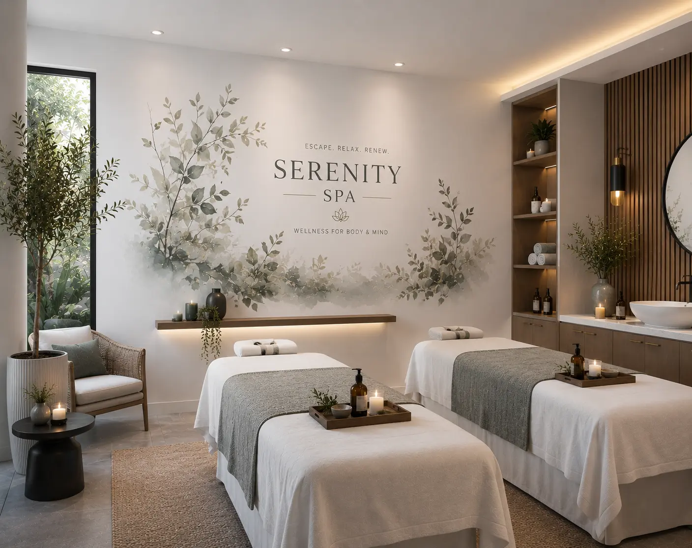 Spa treatment room wall printed with a calming botanical mural and spa branding