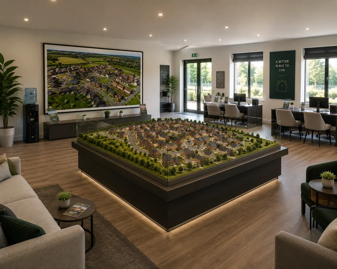 Housing development marketing suite wall printed with an aerial view of the new development