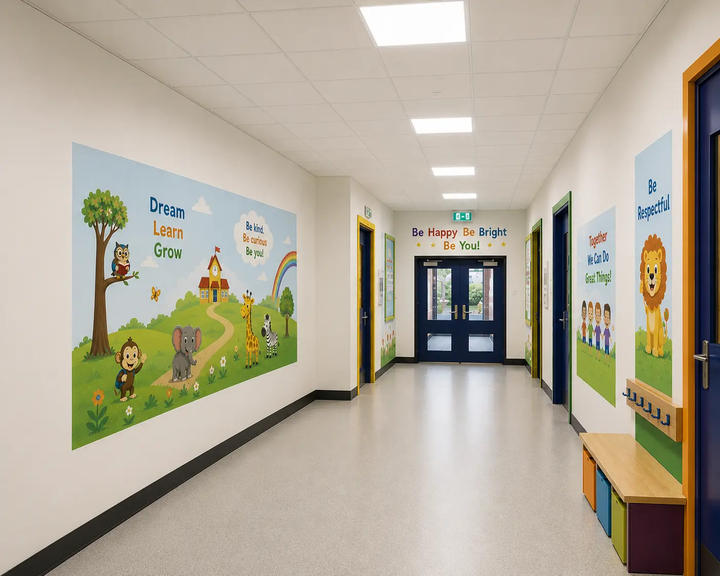 School corridor walls printed with colourful educational wayfinding and animal graphics