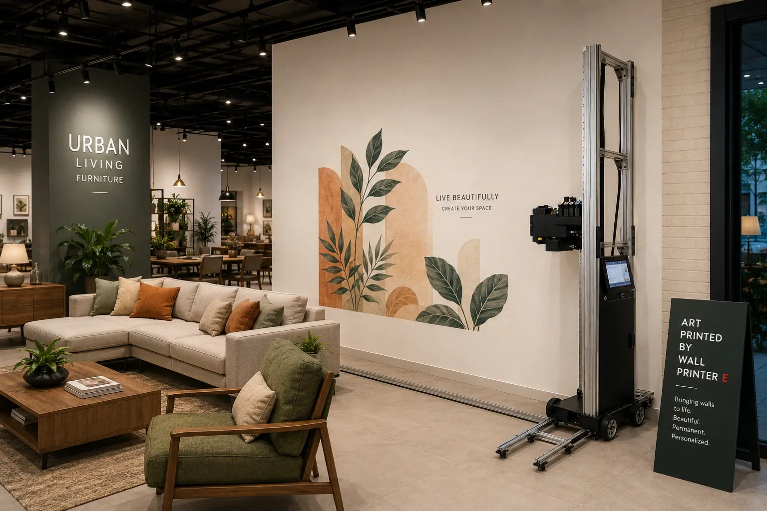 Vertical UV wall printer printing a botanical mural directly onto a retail showroom wall