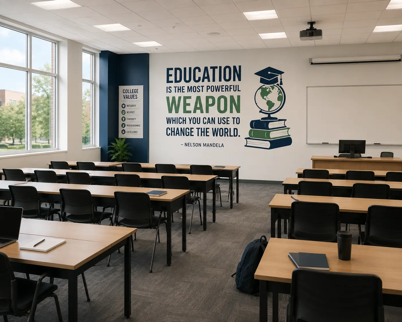 School classroom wall printed with an educational quote and world map mural