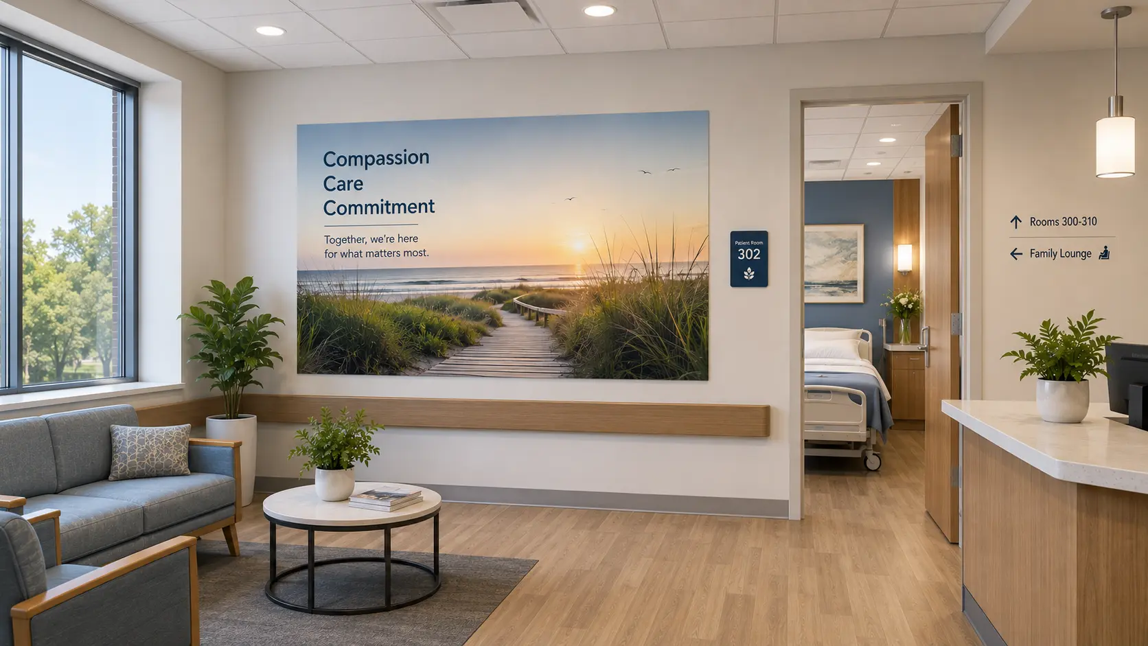 Hospital reception wall printed with a calming beach sunset mural