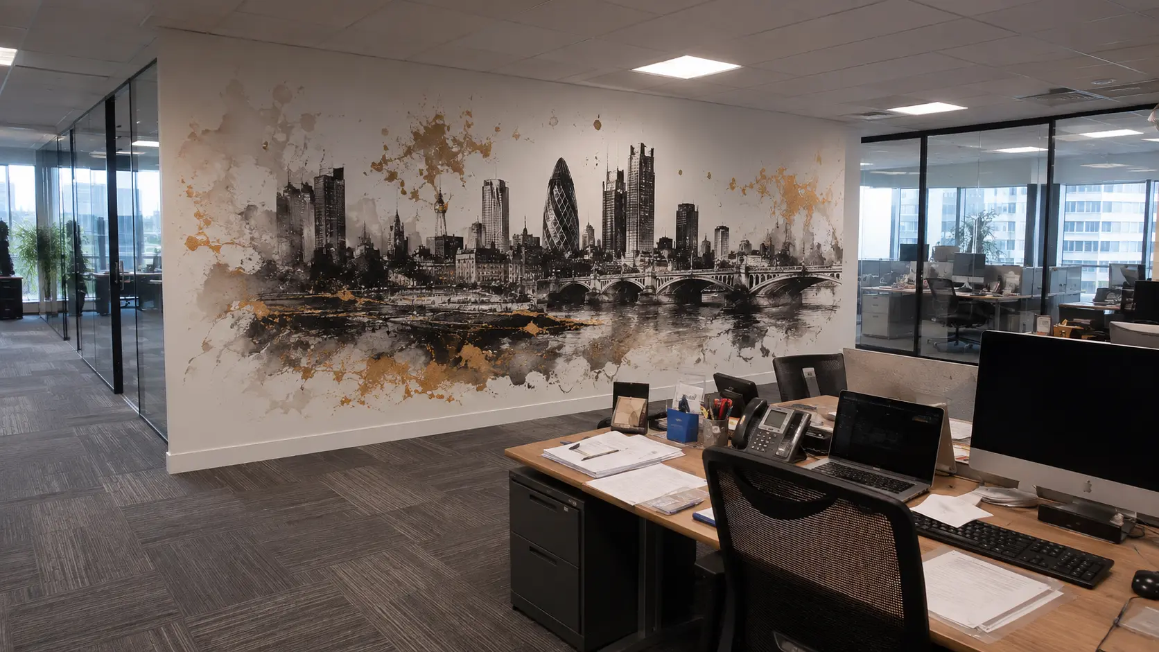 Direct-to-wall printed black and gold London skyline mural in a modern open-plan office